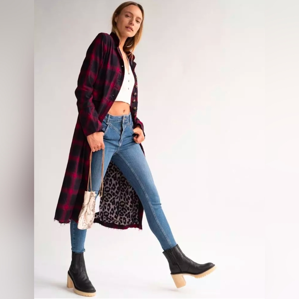 Free People x CP Shades Odessa Maroon Plaid Flannel Midi Duster Jacket XS